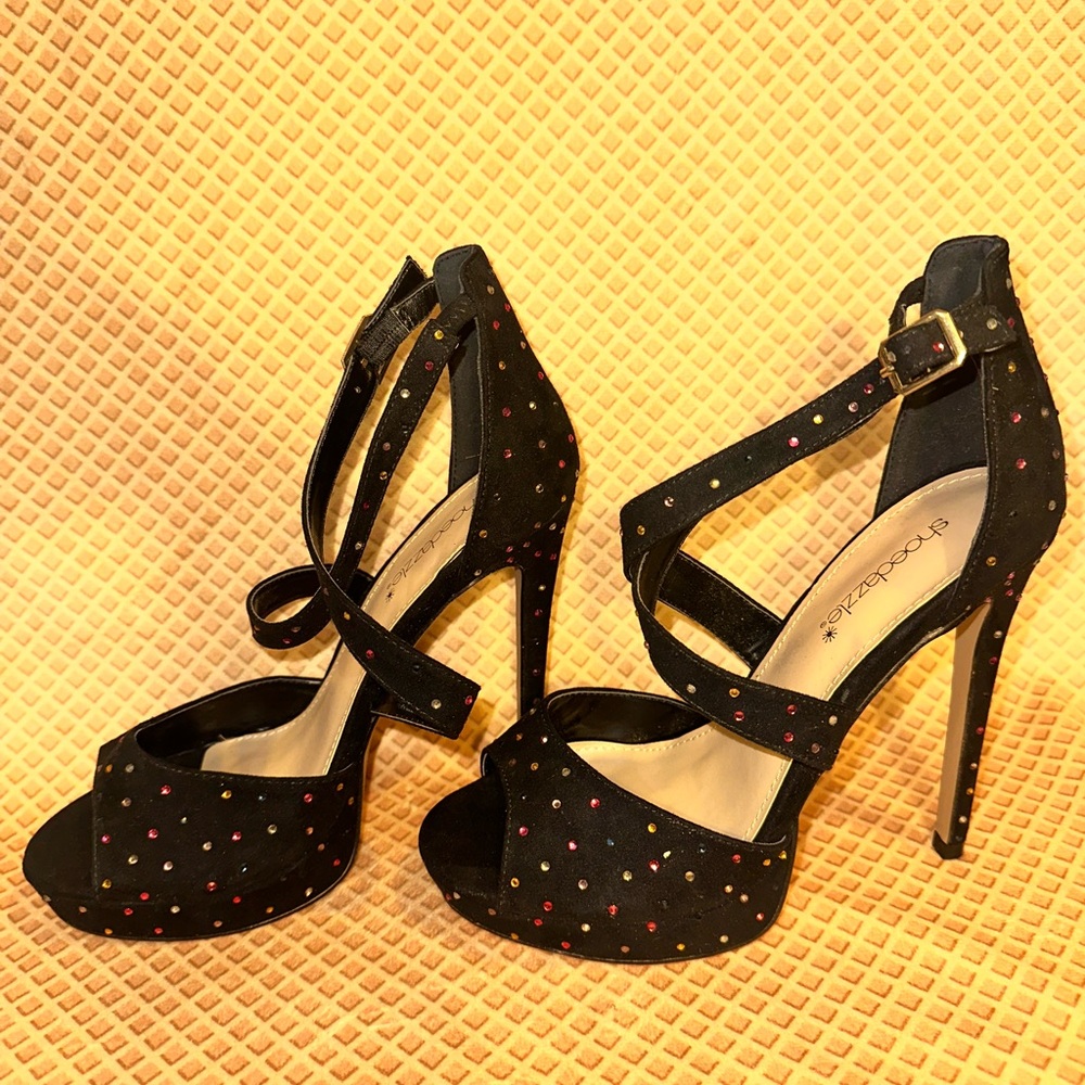 “Elsi” Black Strappy Heels with Multicolor Studs